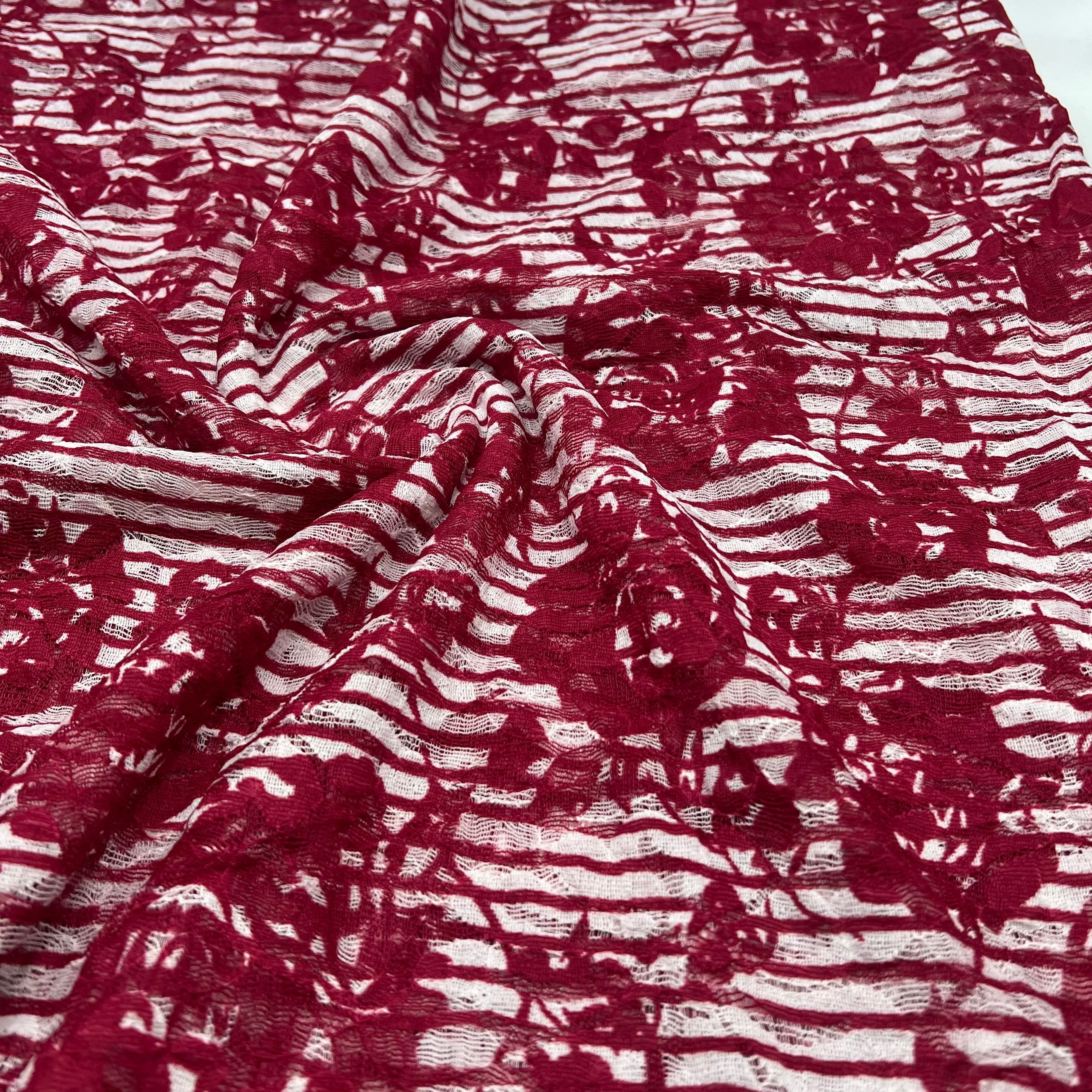 Dark Red Cream Floral Lace Fabric Stretch